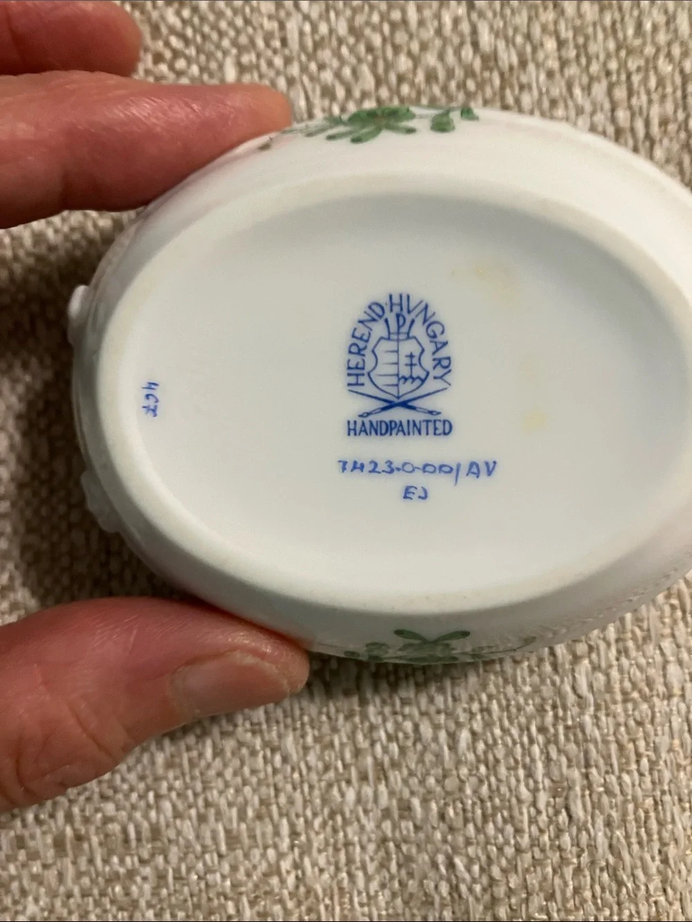 HEREND Hvngary Green Floral Porcelain small trinket tray with Handles